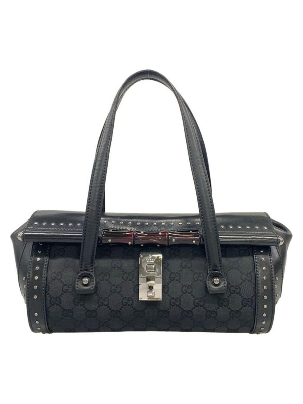 Gucci Handbag GG Pattern Bamboo Bullet Black Studded Leather